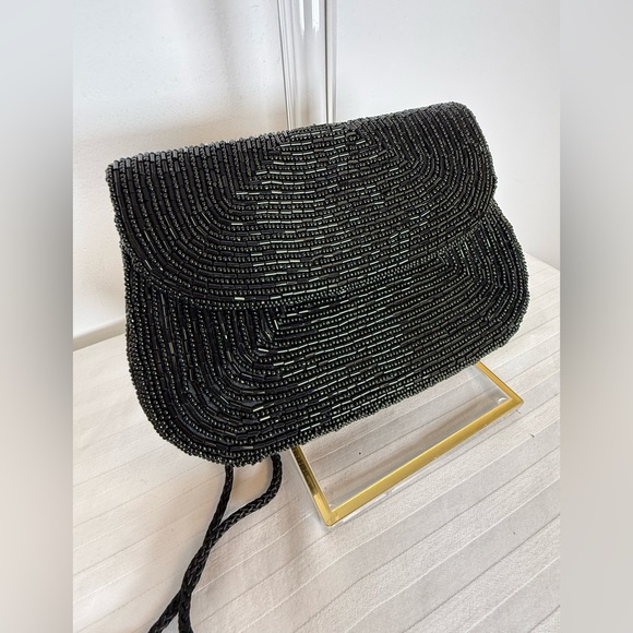 Sak’s Fifth Avenue Black Beaded Evening Bag Purse Clutch Magnetic Closure - Picture 10 of 11